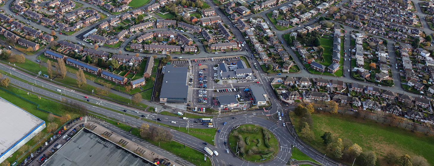 Flyover shot of Warrington